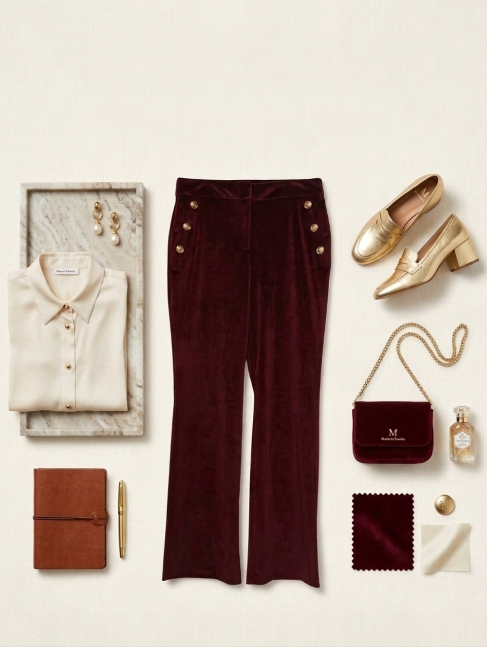 Maison d' Amelie Paris French Burgundy Velvet Velour Flared Leg Pants Size 8